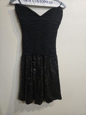 Bebe Black Strapless Ruched Bodice Sequin Skirt Dress Sz Medium
